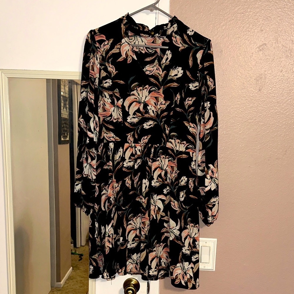 Soieblu Black and Pink Floral Long Sleeve Dress w/ neckline window
